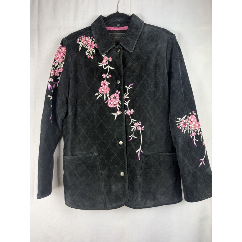 Avanti NY Womans Medium Jacket Leather Suede Embroidered Floral Cherry Blossom